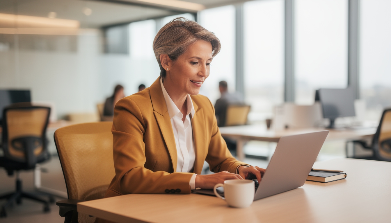 Freelancer konsultant pracujący przy laptopie w nowoczesnym biurze